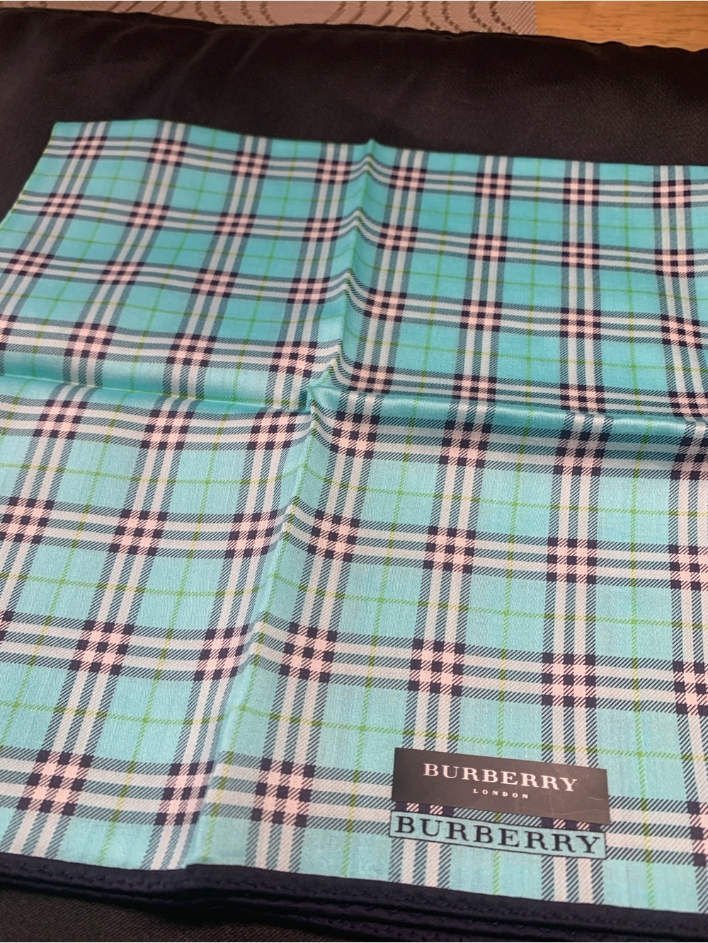 Burberry Plaid Handkerchief in Aqua Blue and Navy Trim